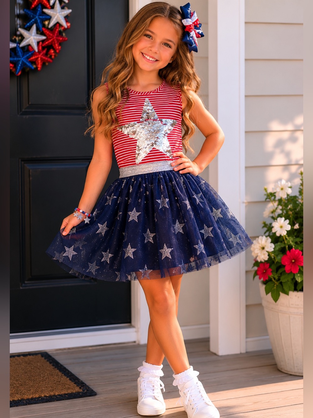 •	Girls 7 July 4th Sequin Star Dress – Navy Tulle Skirt – btween